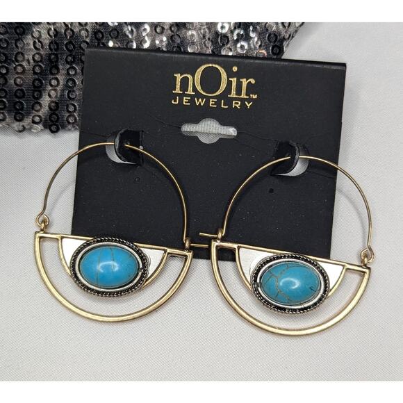 Noir Turquoise Swing Hoop Gold Tone Earrings - Picture 4 of 4